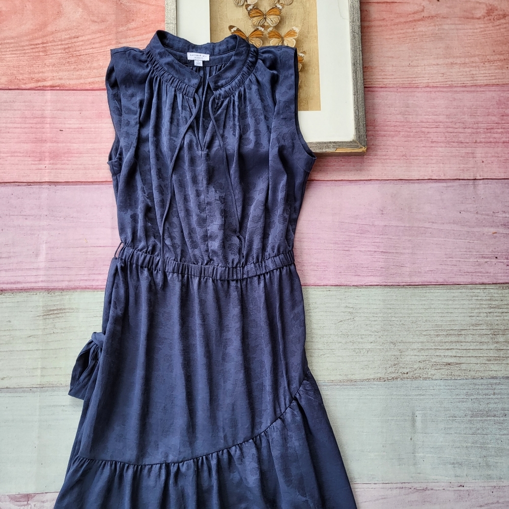 Current Air Navy Floral Print Asymmetrical Ruffle Hem Midi Dress Size Large - Picture 4 of 6